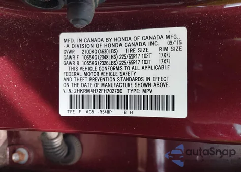 2015 Honda Cr-V Ex-L z USA, uszkodzony, nr VIN 2HKRM4H72FH702790